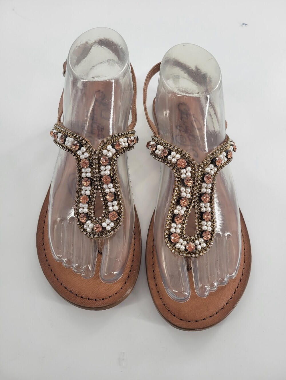 Naughty Monkey Beaded Sparkly Embellished T-Strap Brown Womens Sandals Size 8